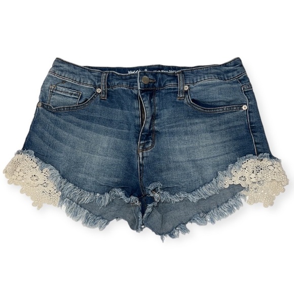 BLUE High Rise Super Strech Jean Shorts Lace Hem Festival Boho Size 12/31 - Picture 1 of 15